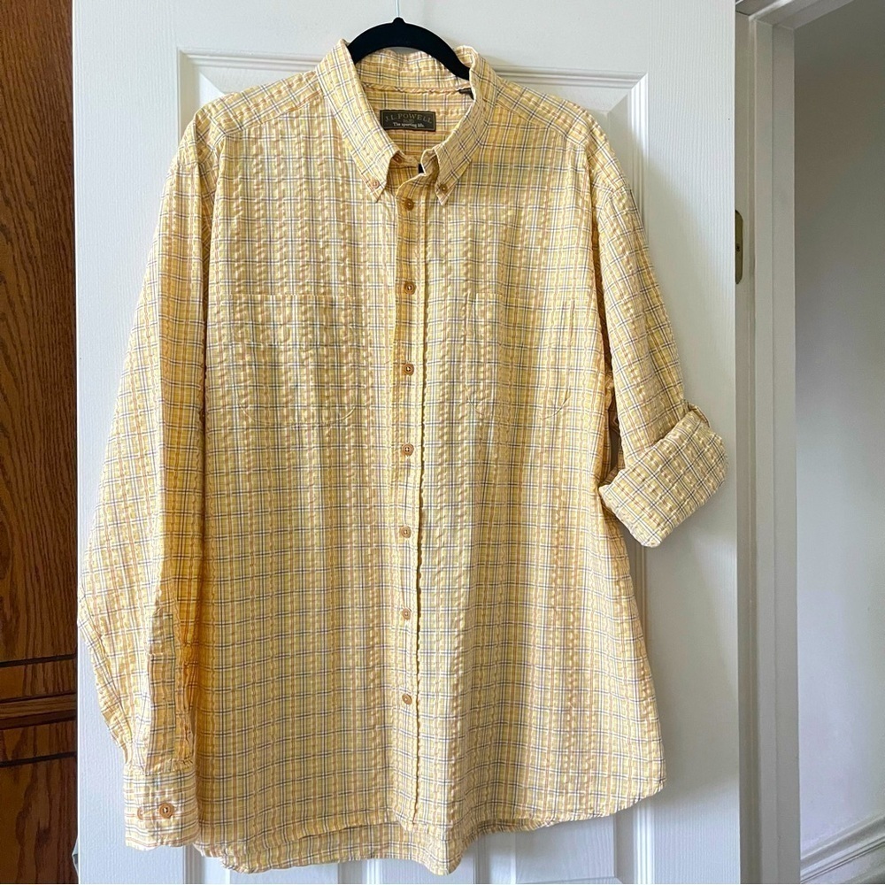J.L. Powell Plaid Cotton Button Down Long Sleeve Shirt Yellow White Size XL